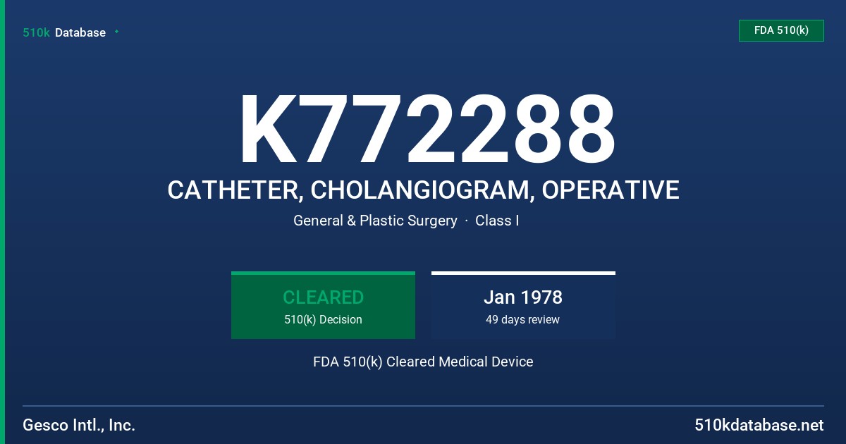 K772288 CATHETER, CHOLANGIOGRAM, OPERATIVE FDA 510(k) Cleared Medical Device