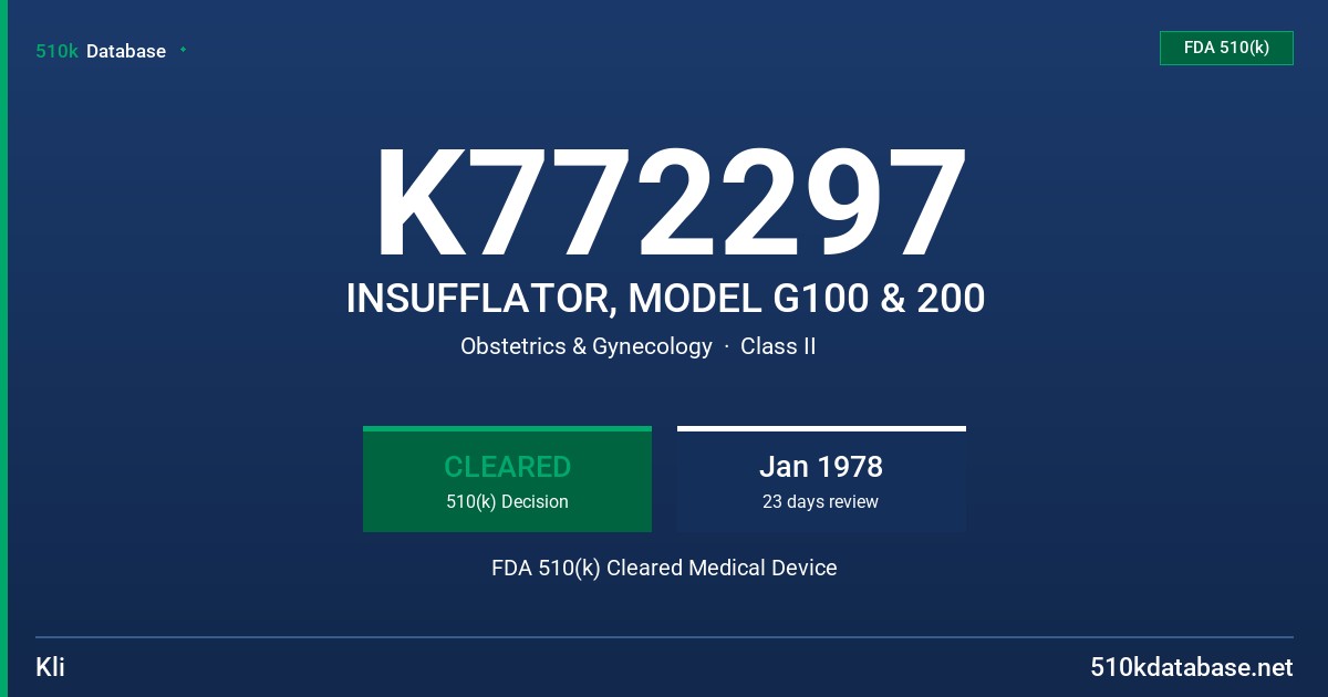 K772297 INSUFFLATOR, MODEL G100 & 200 FDA 510(k) Cleared Medical Device