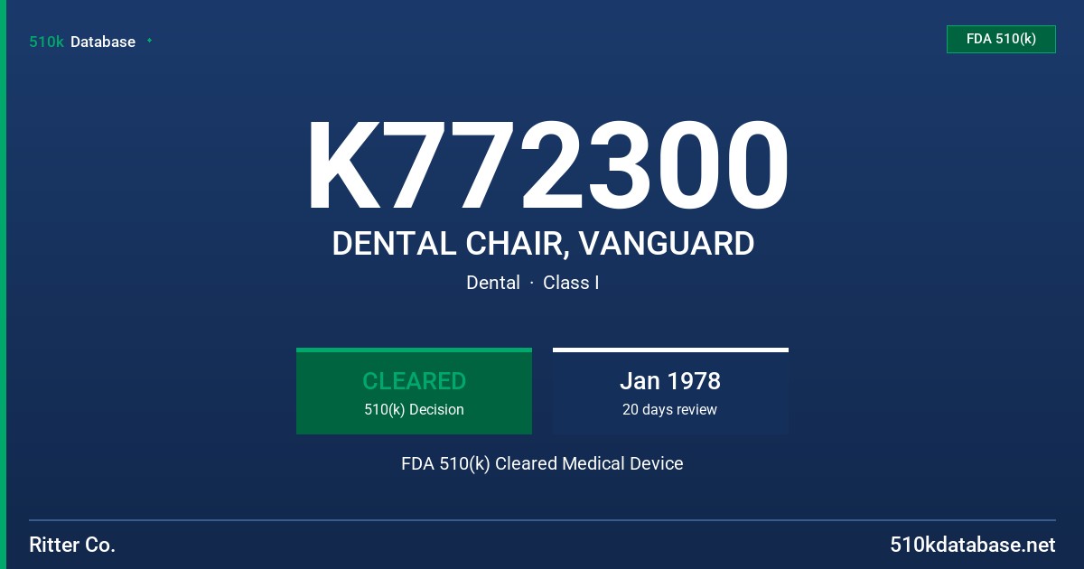 K772300 DENTAL CHAIR, VANGUARD FDA 510(k) Cleared Medical Device