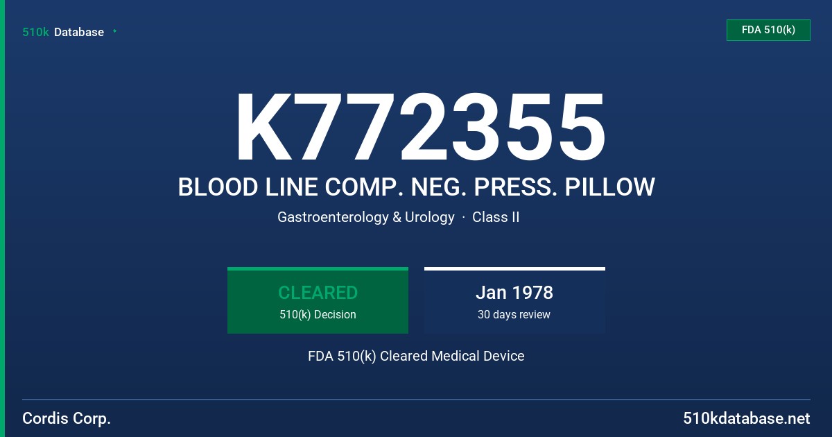 K772355 BLOOD LINE COMP. NEG. PRESS. PILLOW FDA 510(k) Cleared Medical Device