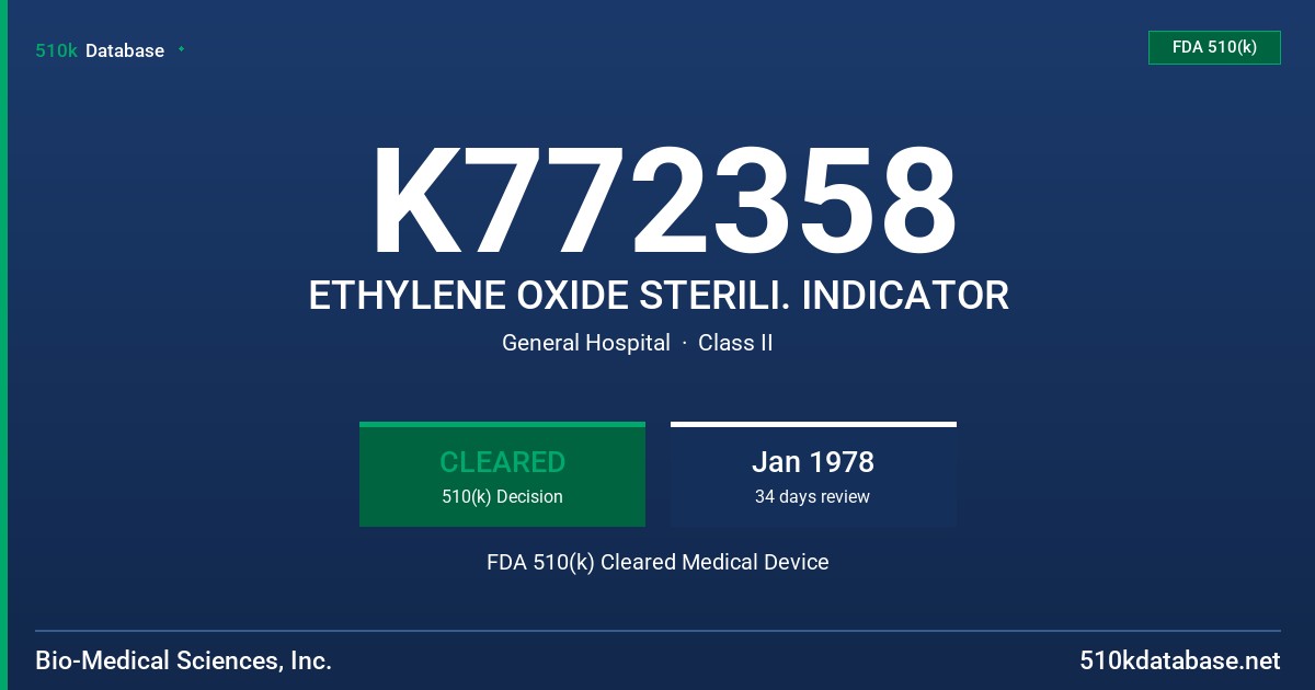 K772358 ETHYLENE OXIDE STERILI. INDICATOR FDA 510(k) Cleared Medical Device