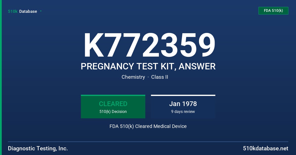 K772359 PREGNANCY TEST KIT, ANSWER FDA 510(k) Cleared Medical Device
