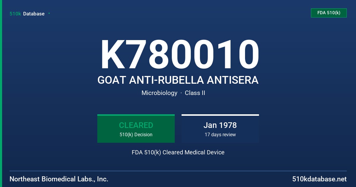 K780010 GOAT ANTI-RUBELLA ANTISERA FDA 510(k) Cleared Medical Device