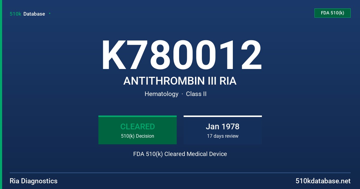 K780012 ANTITHROMBIN III RIA FDA 510(k) Cleared Medical Device