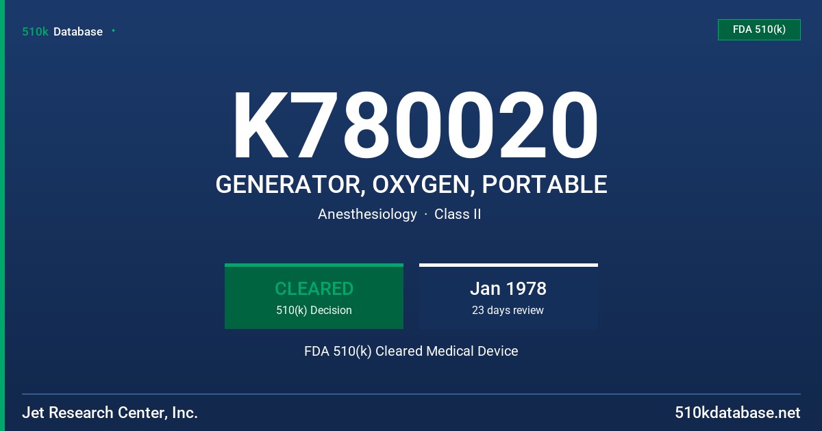 K780020 GENERATOR, OXYGEN, PORTABLE FDA 510(k) Cleared Medical Device