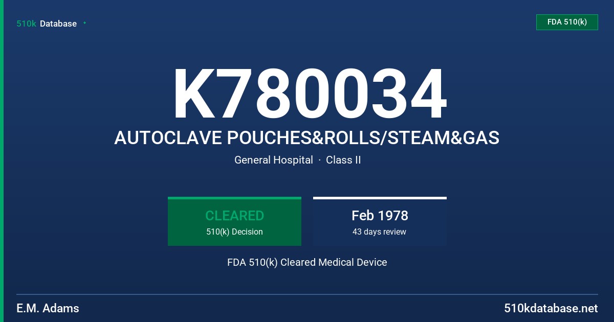 K780034 AUTOCLAVE POUCHES&ROLLS/STEAM&GAS FDA 510(k) Cleared Medical Device