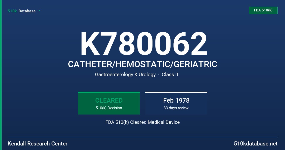 K780062 CATHETER/HEMOSTATIC/GERIATRIC FDA 510(k) Cleared Medical Device