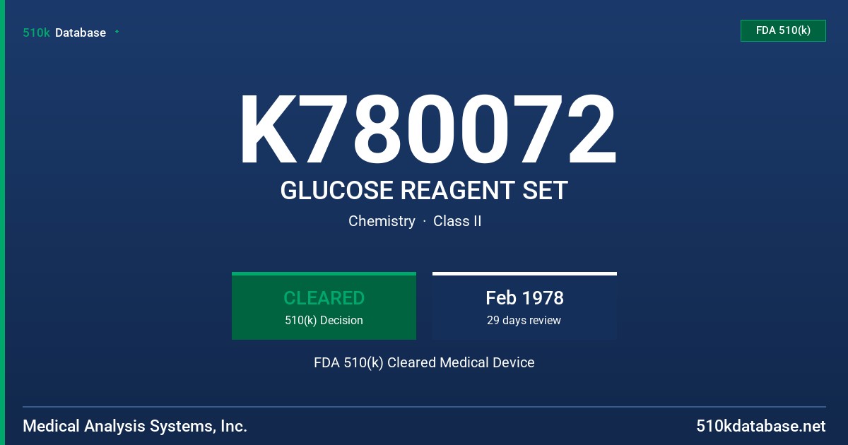 K780072 GLUCOSE REAGENT SET FDA 510(k) Cleared Medical Device