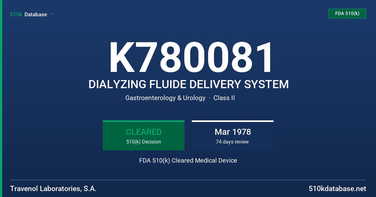K780081 DIALYZING FLUIDE DELIVERY SYSTEM FDA 510(k) Cleared Medical Device