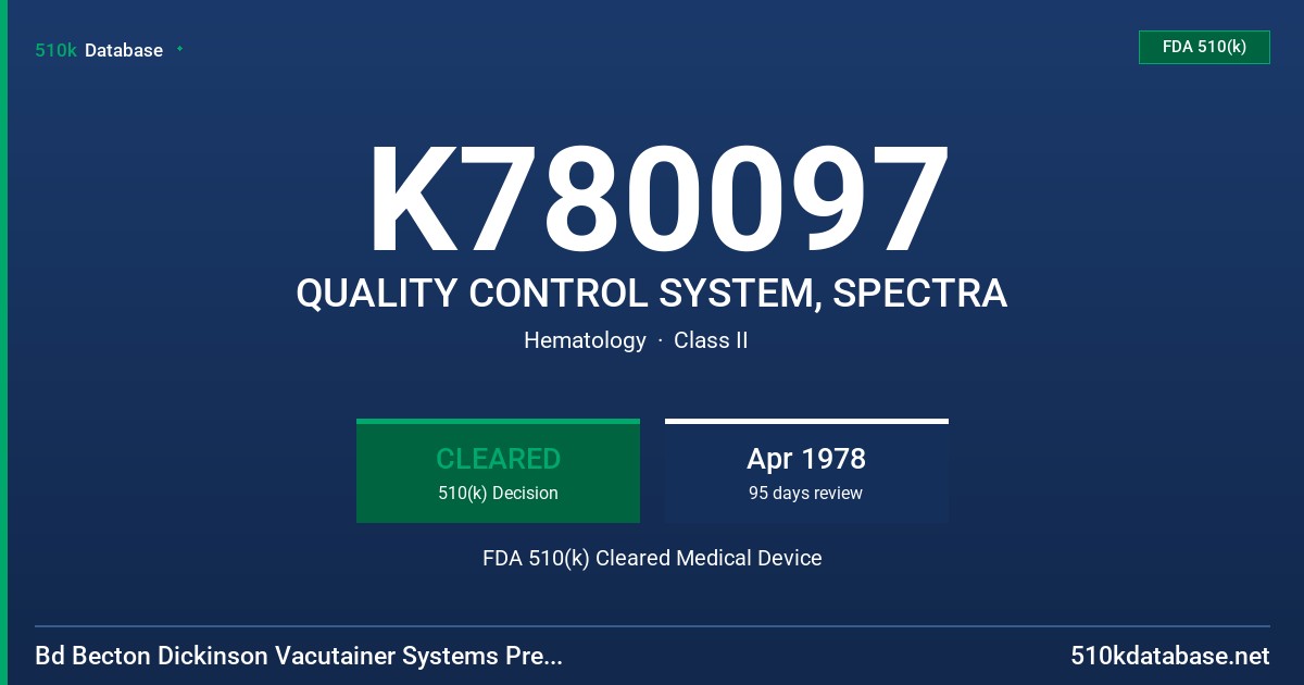K780097 QUALITY CONTROL SYSTEM, SPECTRA FDA 510(k) Cleared Medical Device