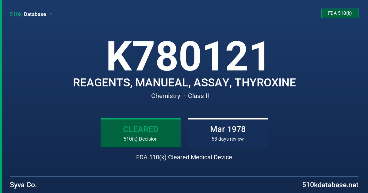 K780121 REAGENTS, MANUEAL, ASSAY, THYROXINE FDA 510(k) Cleared Medical Device