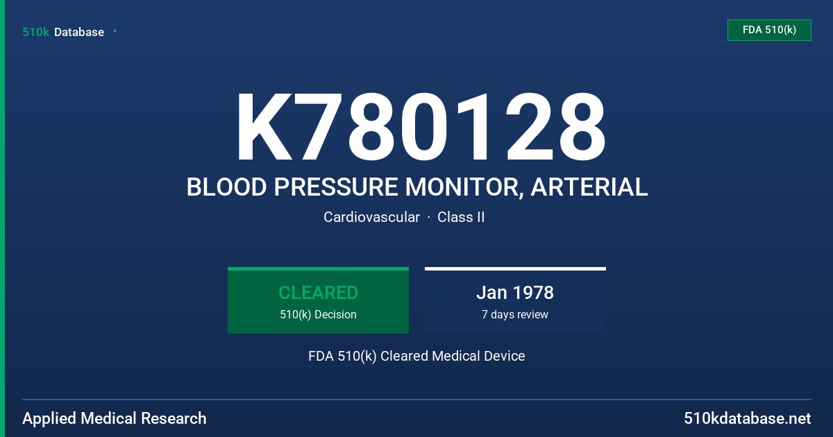 K780128 BLOOD PRESSURE MONITOR, ARTERIAL FDA 510(k) Cleared Medical Device