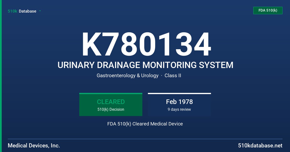 K780134 URINARY DRAINAGE MONITORING SYSTEM FDA 510(k) Cleared Medical Device