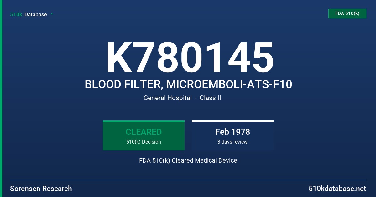 K780145 BLOOD FILTER, MICROEMBOLI-ATS-F10 FDA 510(k) Cleared Medical Device