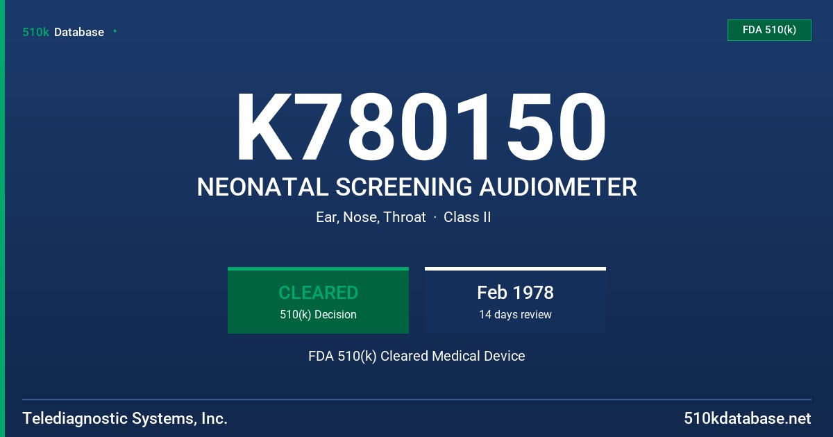 K780150 NEONATAL SCREENING AUDIOMETER FDA 510(k) Cleared Medical Device