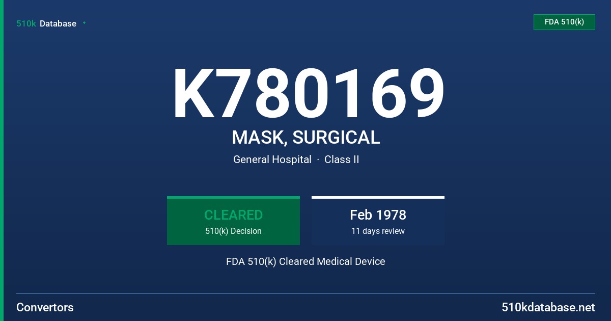 K780169 MASK, SURGICAL FDA 510(k) Cleared Medical Device