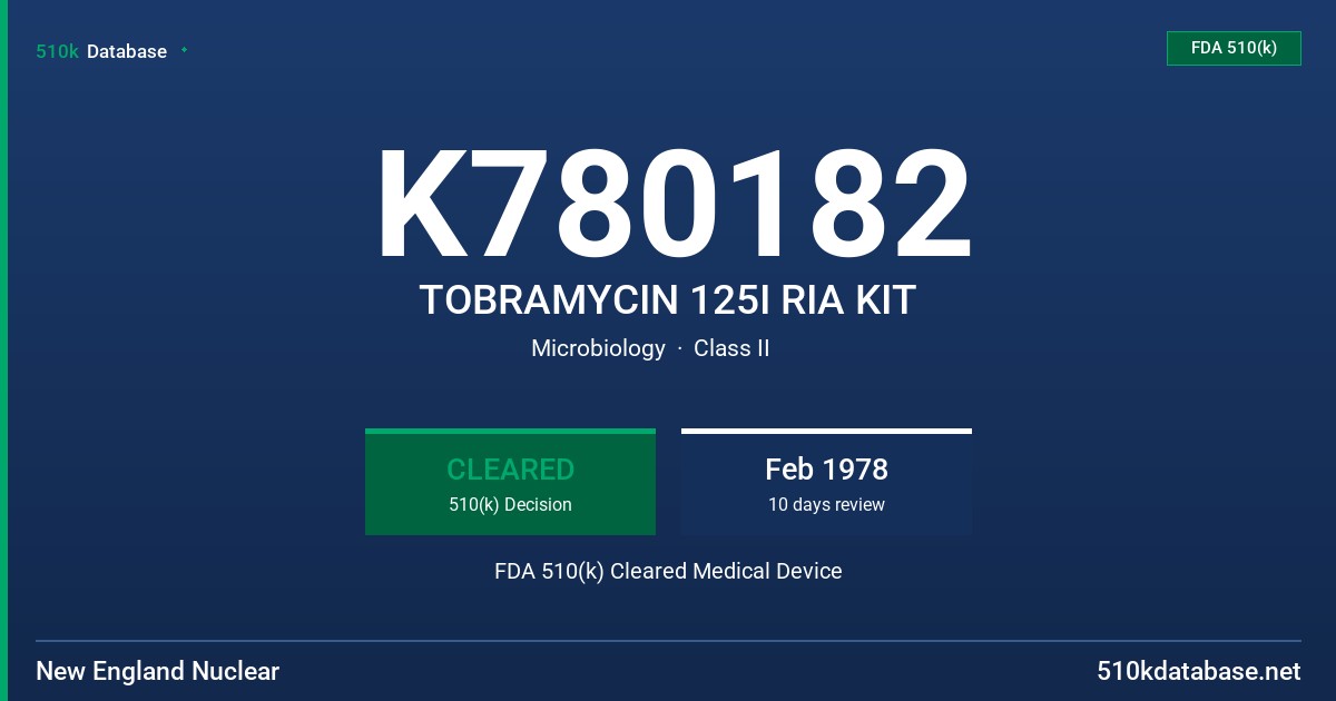 K780182 TOBRAMYCIN 125I RIA KIT FDA 510(k) Cleared Medical Device