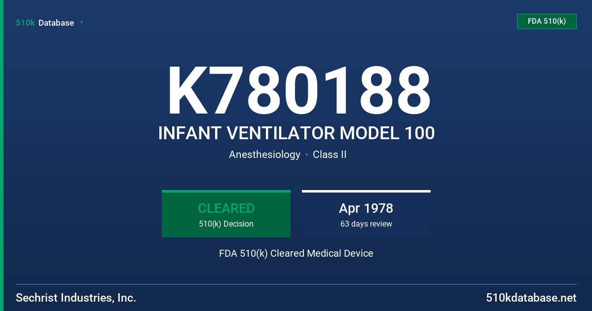K780188 INFANT VENTILATOR MODEL 100 FDA 510(k) Cleared Medical Device
