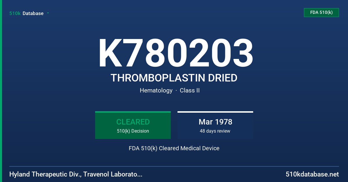 K780203 THROMBOPLASTIN DRIED FDA 510(k) Cleared Medical Device