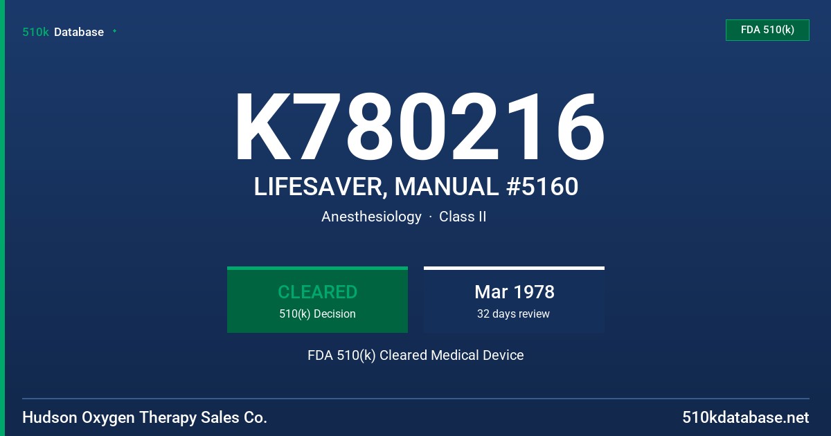 K780216 LIFESAVER, MANUAL #5160 FDA 510(k) Cleared Medical Device