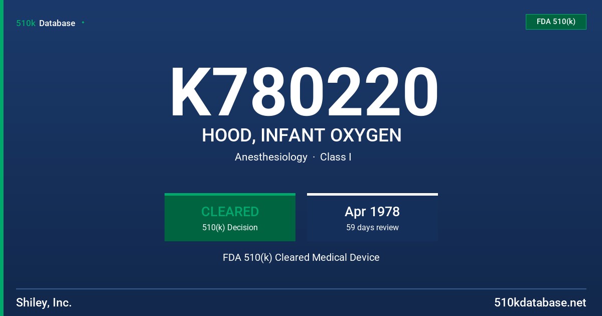 K780220 HOOD, INFANT OXYGEN FDA 510(k) Cleared Medical Device
