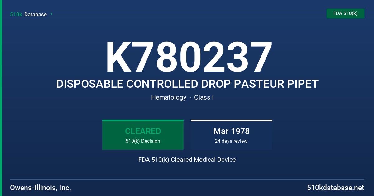 K780237 DISPOSABLE CONTROLLED DROP PASTEUR PIPET FDA 510(k) Cleared Medical Device