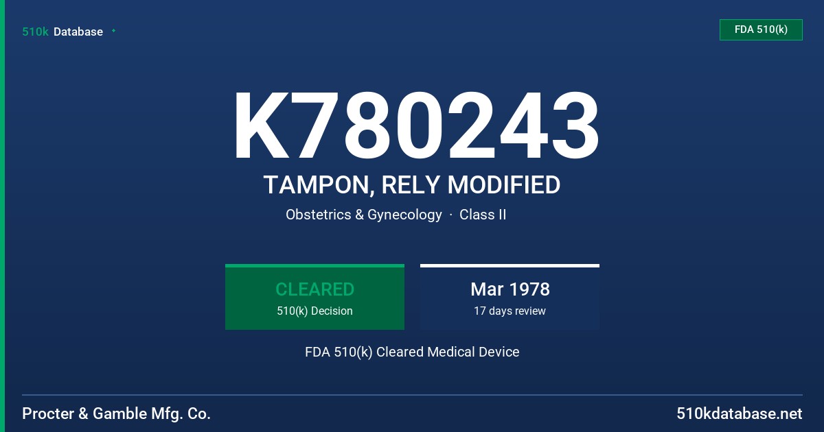 K780243 TAMPON, RELY MODIFIED FDA 510(k) Cleared Medical Device