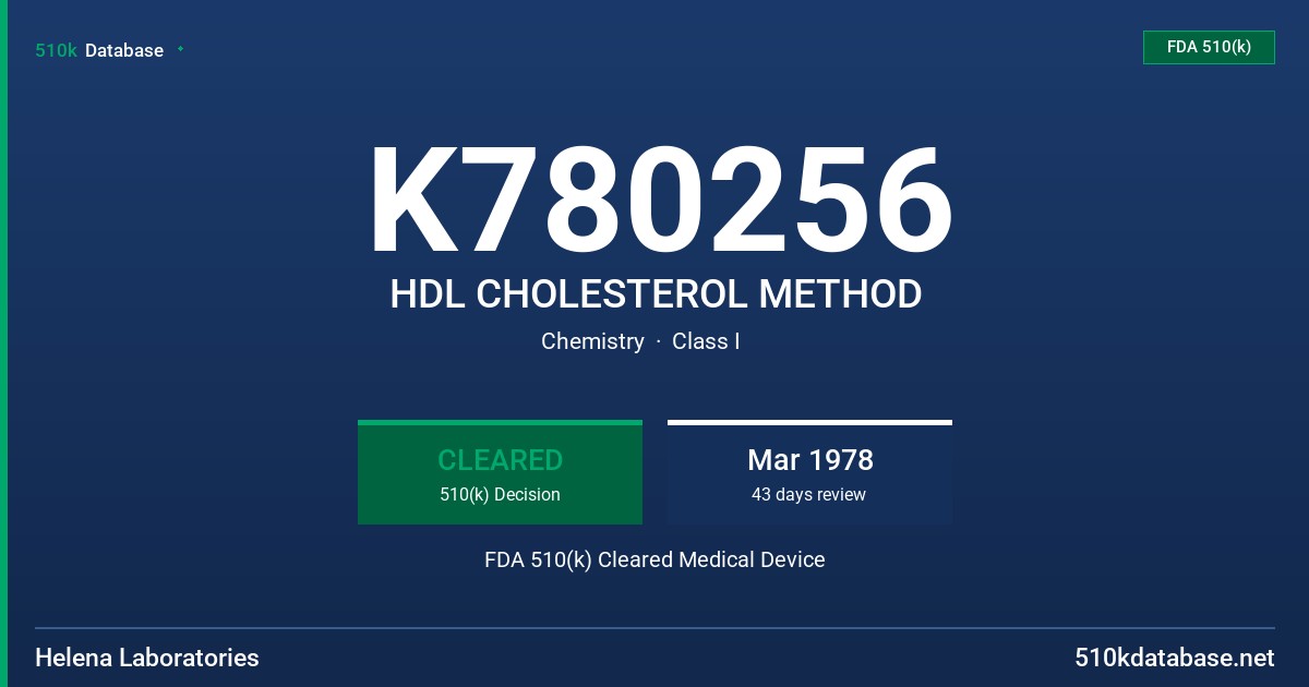 K780256 HDL CHOLESTEROL METHOD FDA 510(k) Cleared Medical Device
