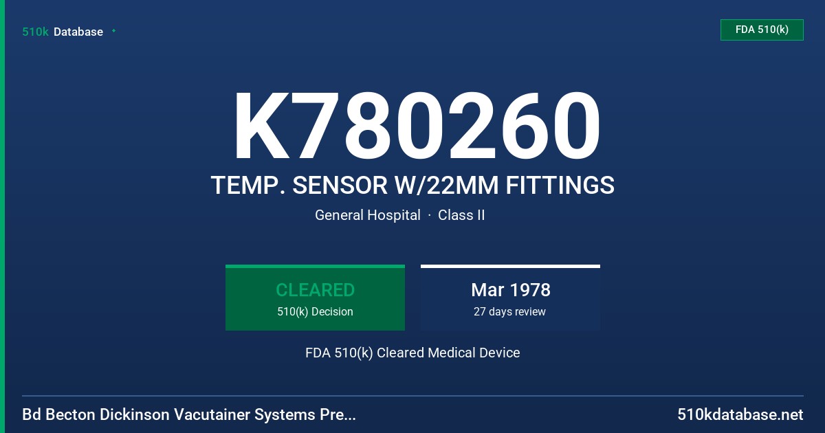 K780260 TEMP. SENSOR W/22MM FITTINGS FDA 510(k) Cleared Medical Device