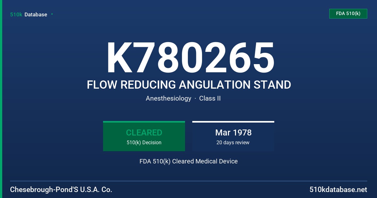 K780265 FLOW REDUCING ANGULATION STAND FDA 510(k) Cleared Medical Device