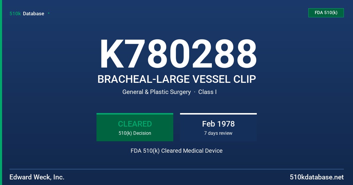 K780288 BRACHEAL-LARGE VESSEL CLIP FDA 510(k) Cleared Medical Device