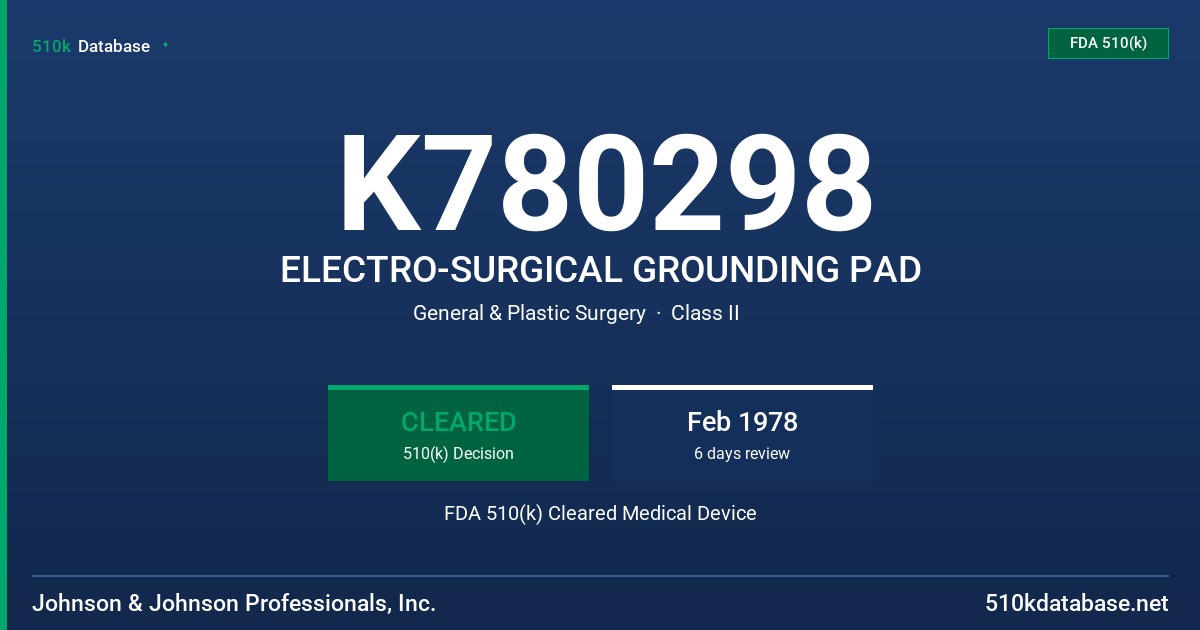 K780298 ELECTRO-SURGICAL GROUNDING PAD FDA 510(k) Cleared Medical Device