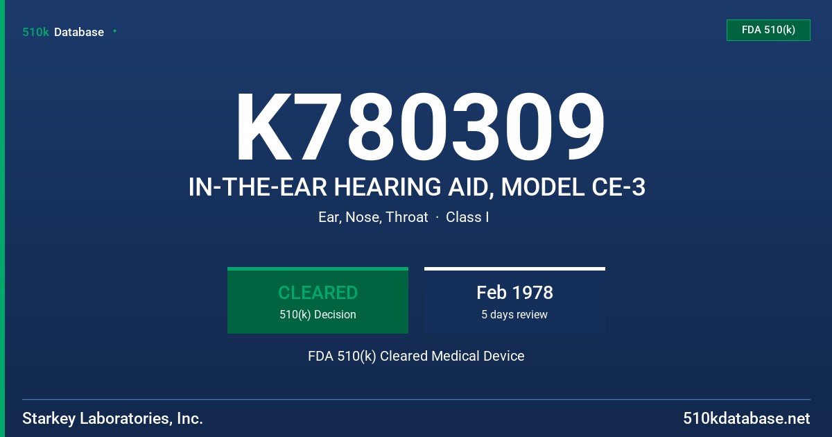 K780309 IN-THE-EAR HEARING AID, MODEL CE-3 FDA 510(k) Cleared Medical Device