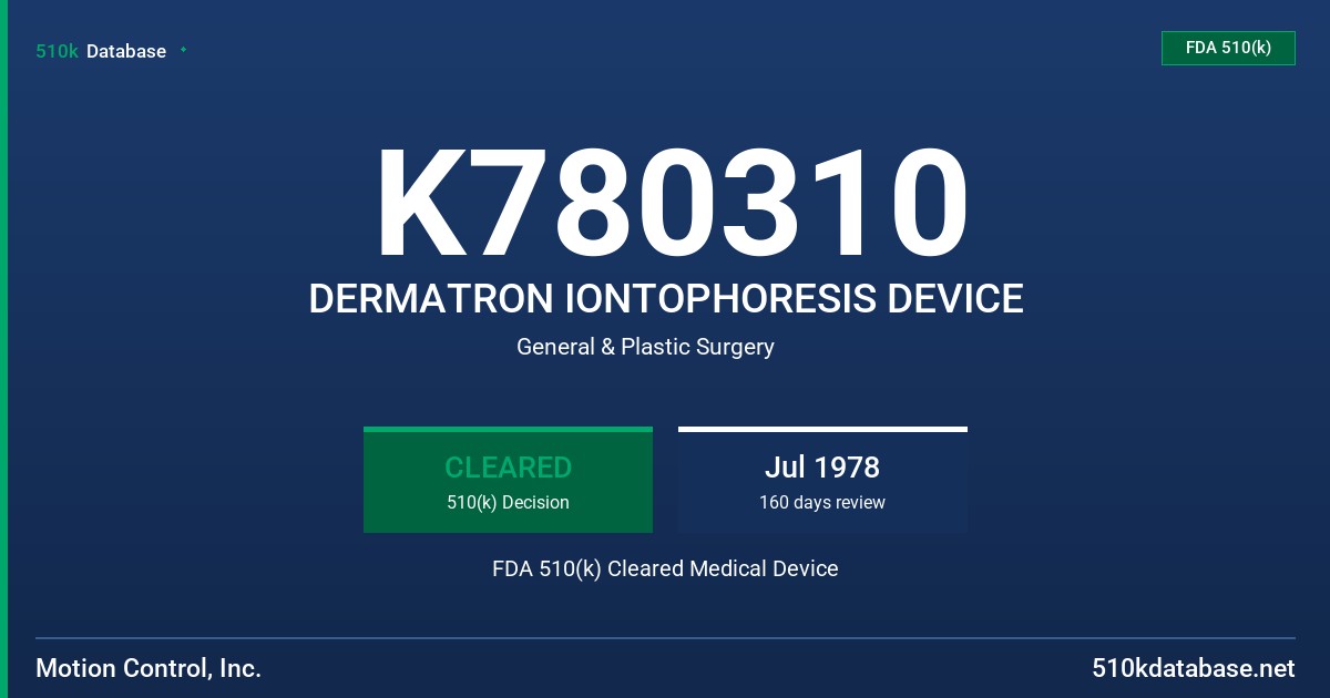K780310 DERMATRON IONTOPHORESIS DEVICE FDA 510(k) Cleared Medical Device