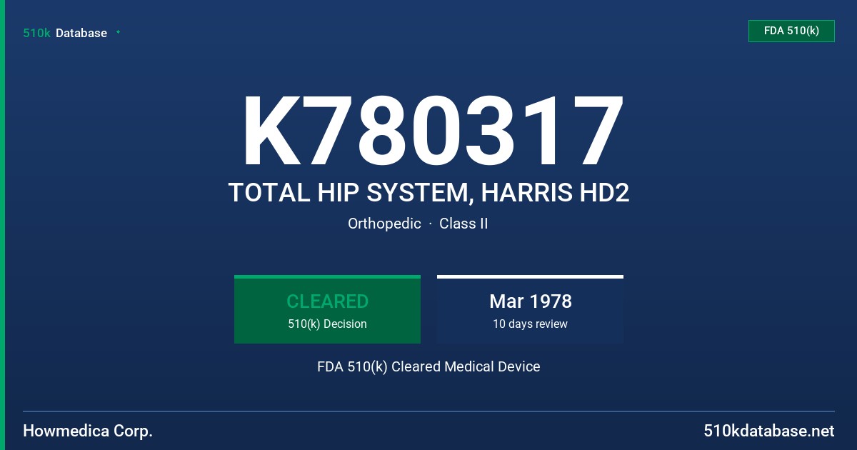K780317 TOTAL HIP SYSTEM, HARRIS HD2 FDA 510(k) Cleared Medical Device