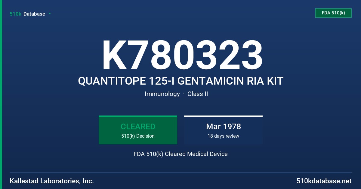 K780323 QUANTITOPE 125-I GENTAMICIN RIA KIT FDA 510(k) Cleared Medical Device