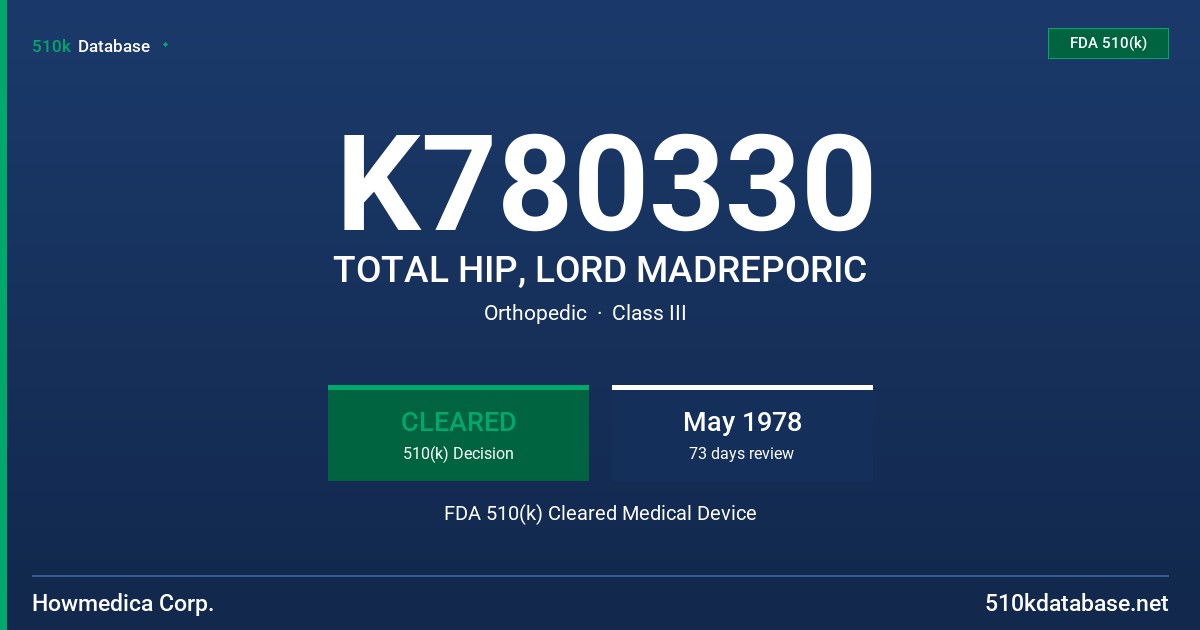 K780330 TOTAL HIP, LORD MADREPORIC FDA 510(k) Cleared Medical Device