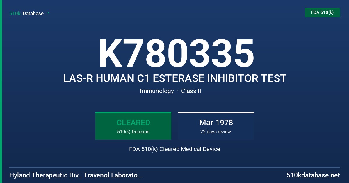 K780335 LAS-R HUMAN C1 ESTERASE INHIBITOR TEST FDA 510(k) Cleared Medical Device
