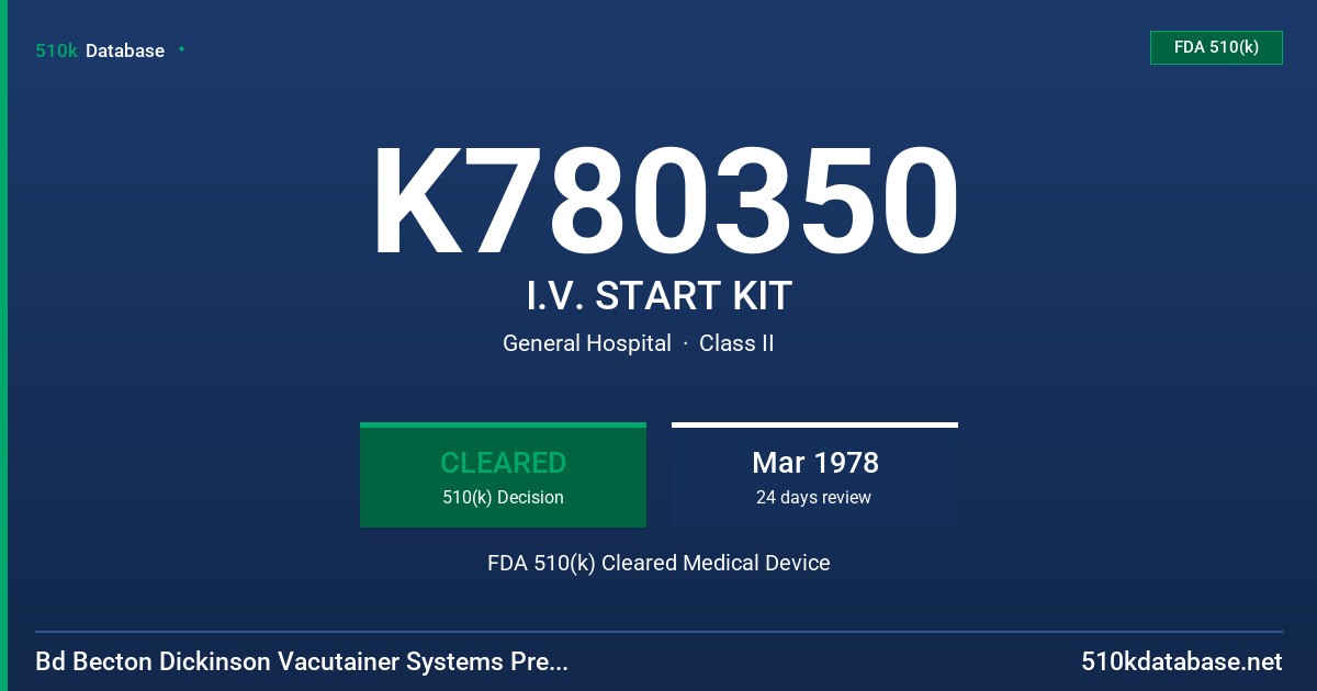 K780350 I.V. START KIT FDA 510(k) Cleared Medical Device