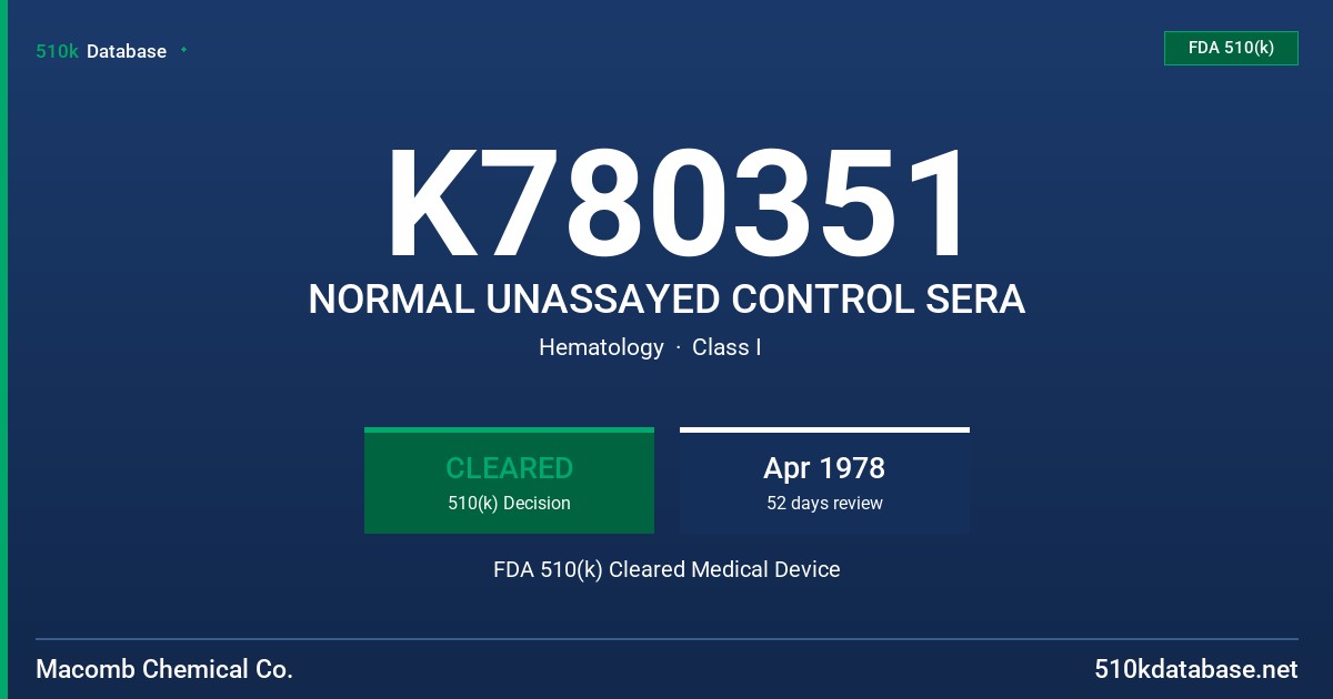 K780351 NORMAL UNASSAYED CONTROL SERA FDA 510(k) Cleared Medical Device