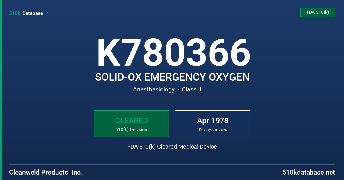 K780366 SOLID-OX EMERGENCY OXYGEN FDA 510(k) Cleared Medical Device