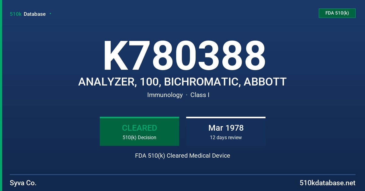 K780388 ANALYZER, 100, BICHROMATIC, ABBOTT FDA 510(k) Cleared Medical Device