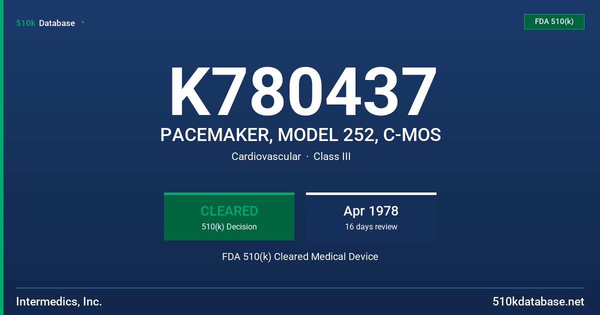 K780437 PACEMAKER, MODEL 252, C-MOS FDA 510(k) Cleared Medical Device