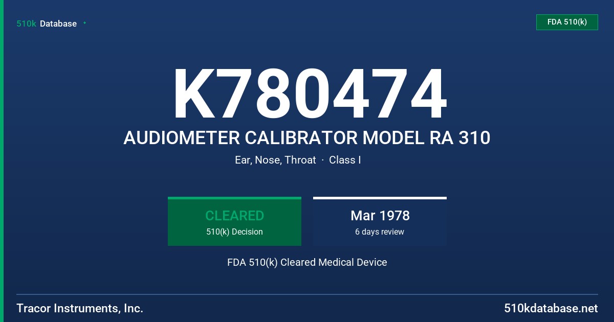 K780474 AUDIOMETER CALIBRATOR MODEL RA 310 FDA 510(k) Cleared Medical Device