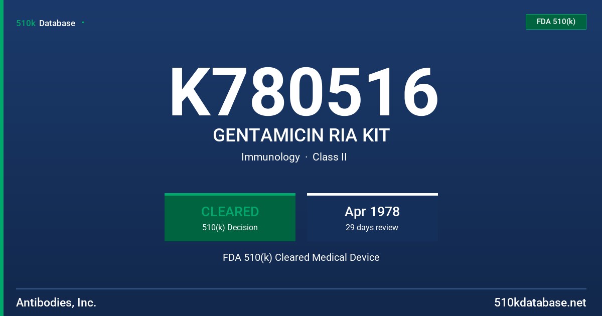 K780516 GENTAMICIN RIA KIT FDA 510(k) Cleared Medical Device