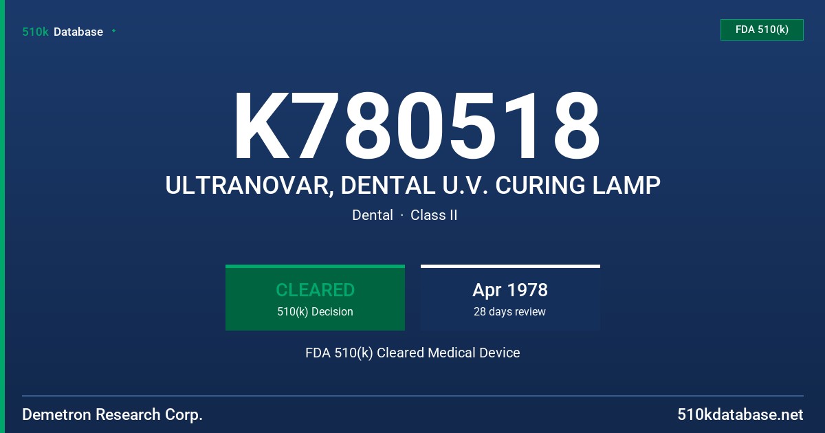 K780518 ULTRANOVAR, DENTAL U.V. CURING LAMP FDA 510(k) Cleared Medical Device