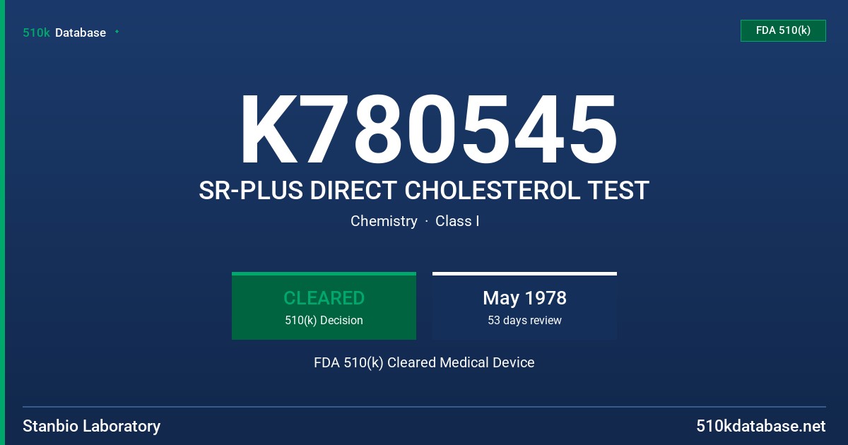 K780545 SR-PLUS DIRECT CHOLESTEROL TEST FDA 510(k) Cleared Medical Device