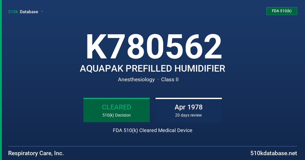 K780562 AQUAPAK PREFILLED HUMIDIFIER FDA 510(k) Cleared Medical Device