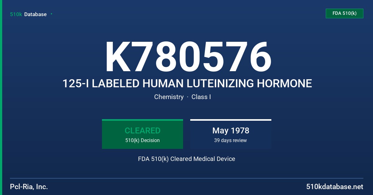 K780576 125-I LABELED HUMAN LUTEINIZING HORMONE FDA 510(k) Cleared Medical Device