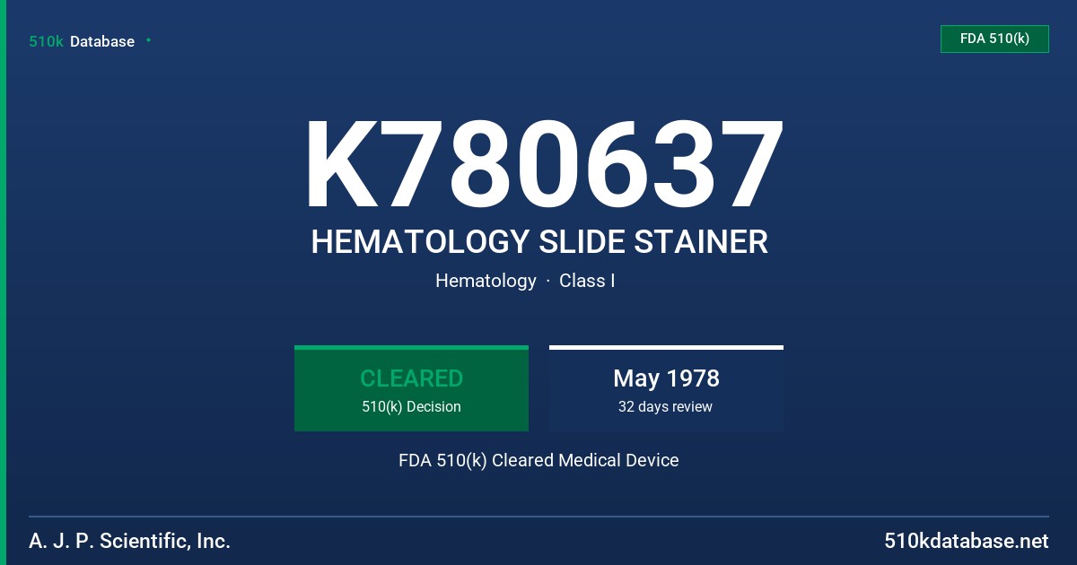 K780637 HEMATOLOGY SLIDE STAINER FDA 510(k) Cleared Medical Device